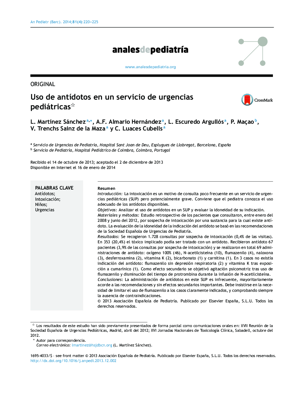 Uso de antÃ­dotos en un servicio de urgencias pediátricas