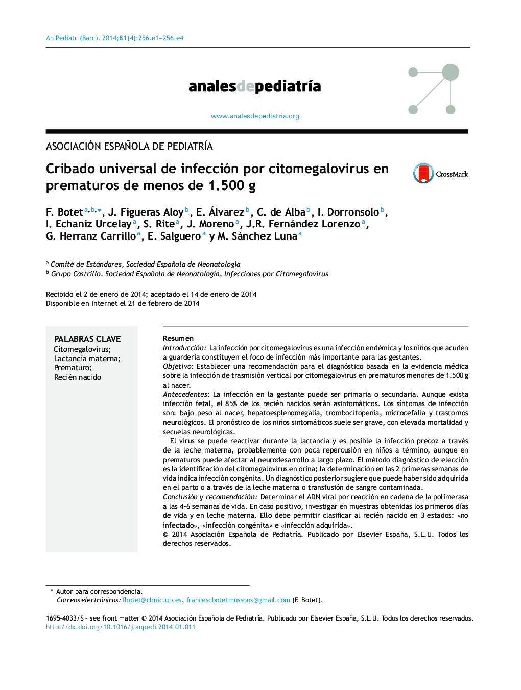 Cribado universal de infección por citomegalovirus en prematuros de menos de 1.500 g