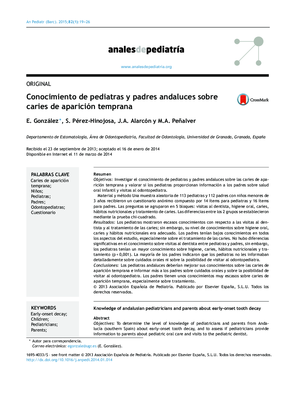 Conocimiento de pediatras y padres andaluces sobre caries de aparición temprana