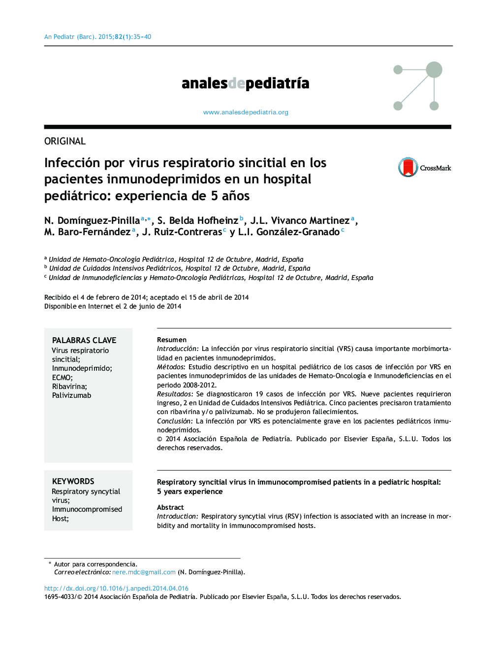 Infección por virus respiratorio sincitial en los pacientes inmunodeprimidos en un hospital pediátrico: experiencia de 5 años