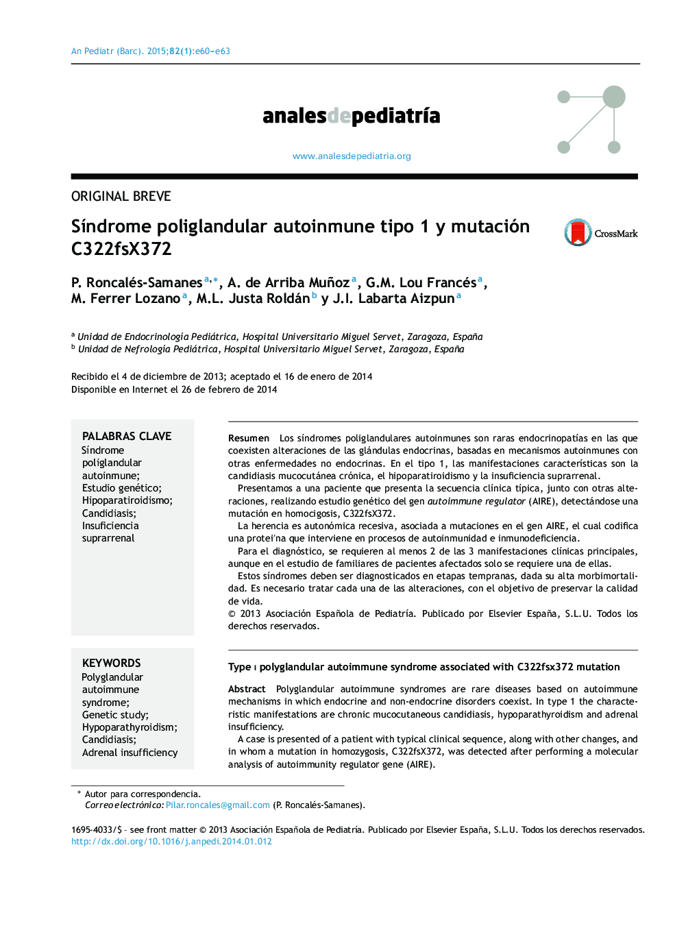 Síndrome poliglandular autoinmune tipo 1 y mutación C322fsX372