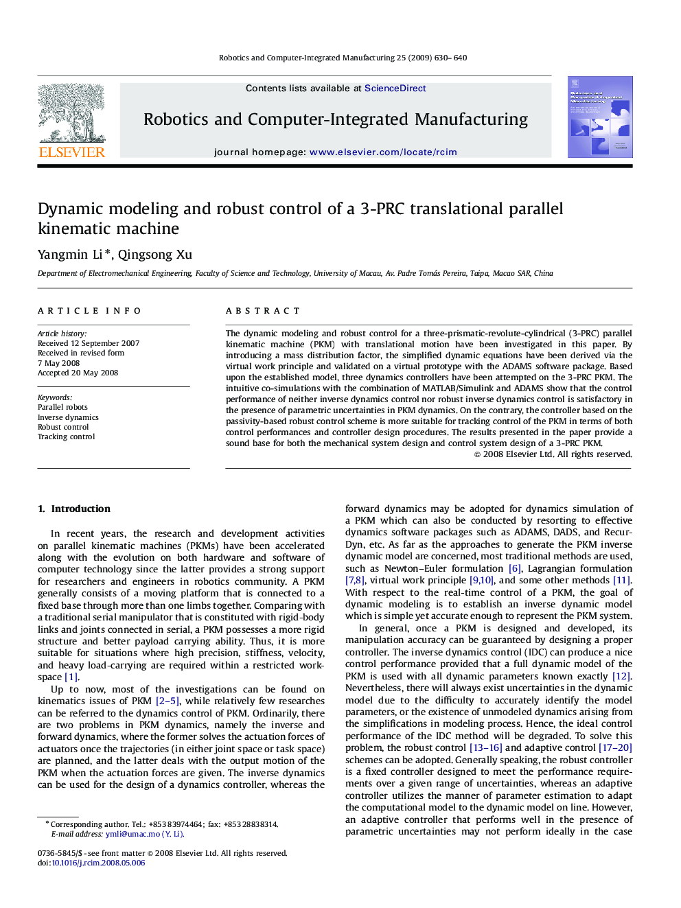 Dynamic modeling and robust control of a 3-PRC translational parallel kinematic machine