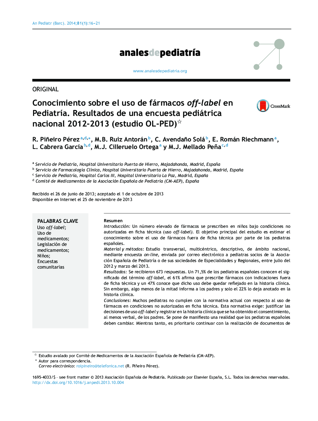 Conocimiento sobre el uso de fármacos off-label en Pediatría. Resultados de una encuesta pediátrica nacional 2012-2013 (estudio OL-PED) 