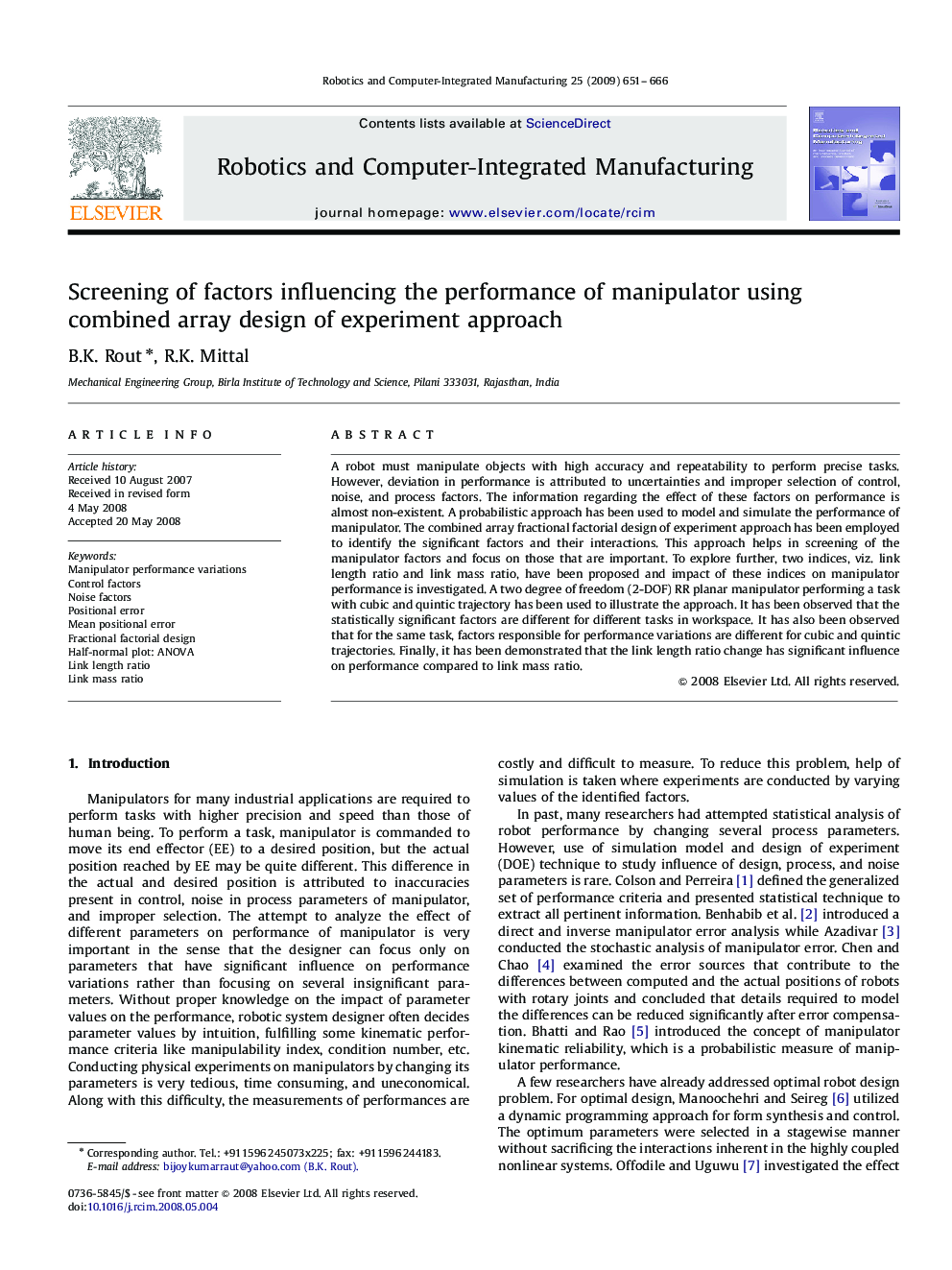 Screening of factors influencing the performance of manipulator using combined array design of experiment approach
