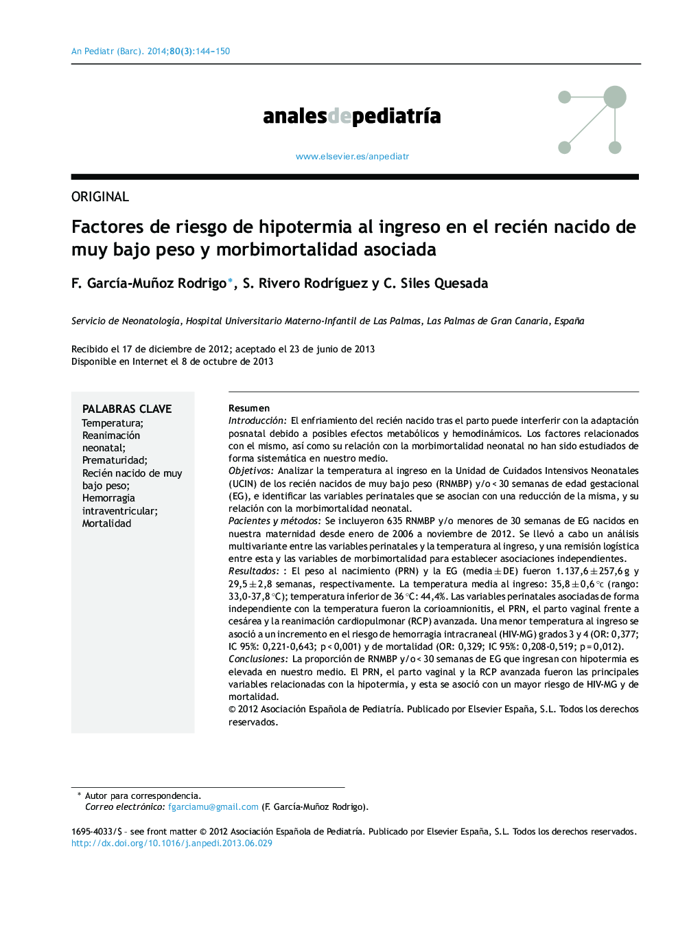 Factores de riesgo de hipotermia al ingreso en el recién nacido de muy bajo peso y morbimortalidad asociada