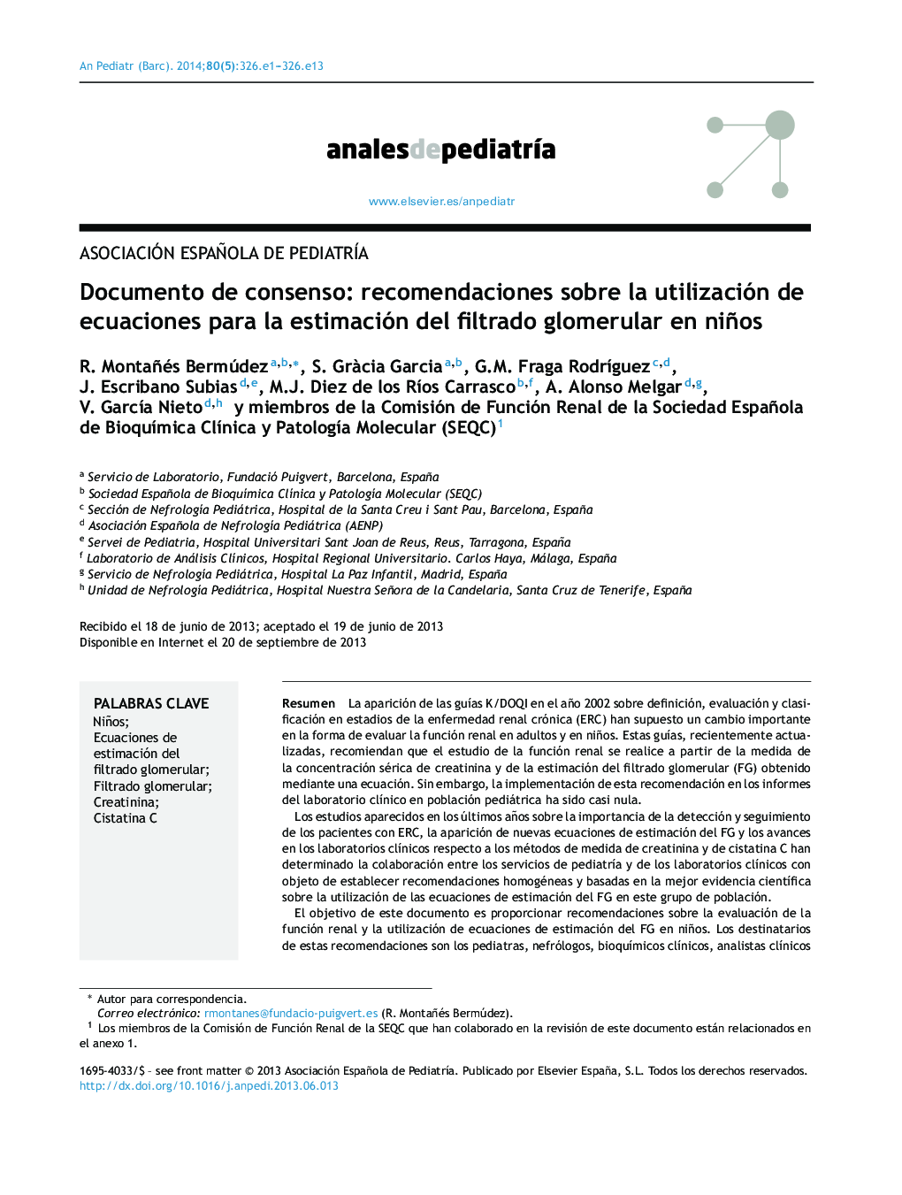 Documento de consenso: recomendaciones sobre la utilización de ecuaciones para la estimación del filtrado glomerular en niños