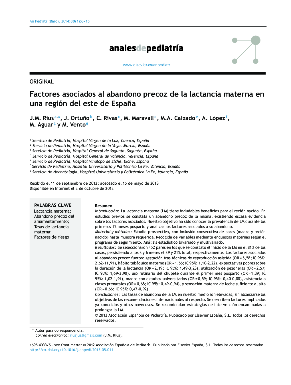 Factores asociados al abandono precoz de la lactancia materna en una región del este de España