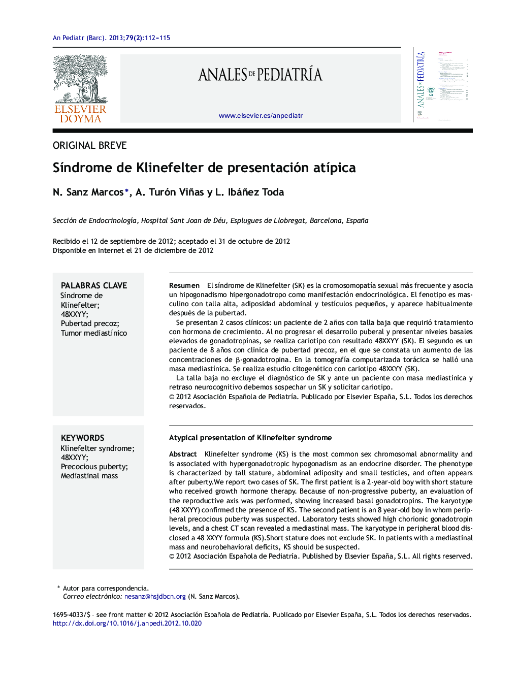 عکس صفحه اول مقاله: Síndrome de Klinefelter de presentación atípica Síndrome de Klinefelter de presentación atípica