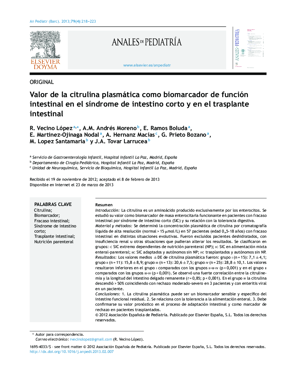 Valor de la citrulina plasmática como biomarcador de función intestinal en el síndrome de intestino corto y en el trasplante intestinal