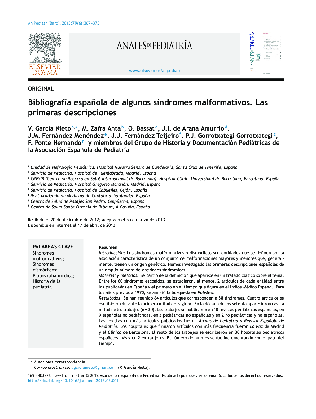 Bibliografía española de algunos síndromes malformativos. Las primeras descripciones