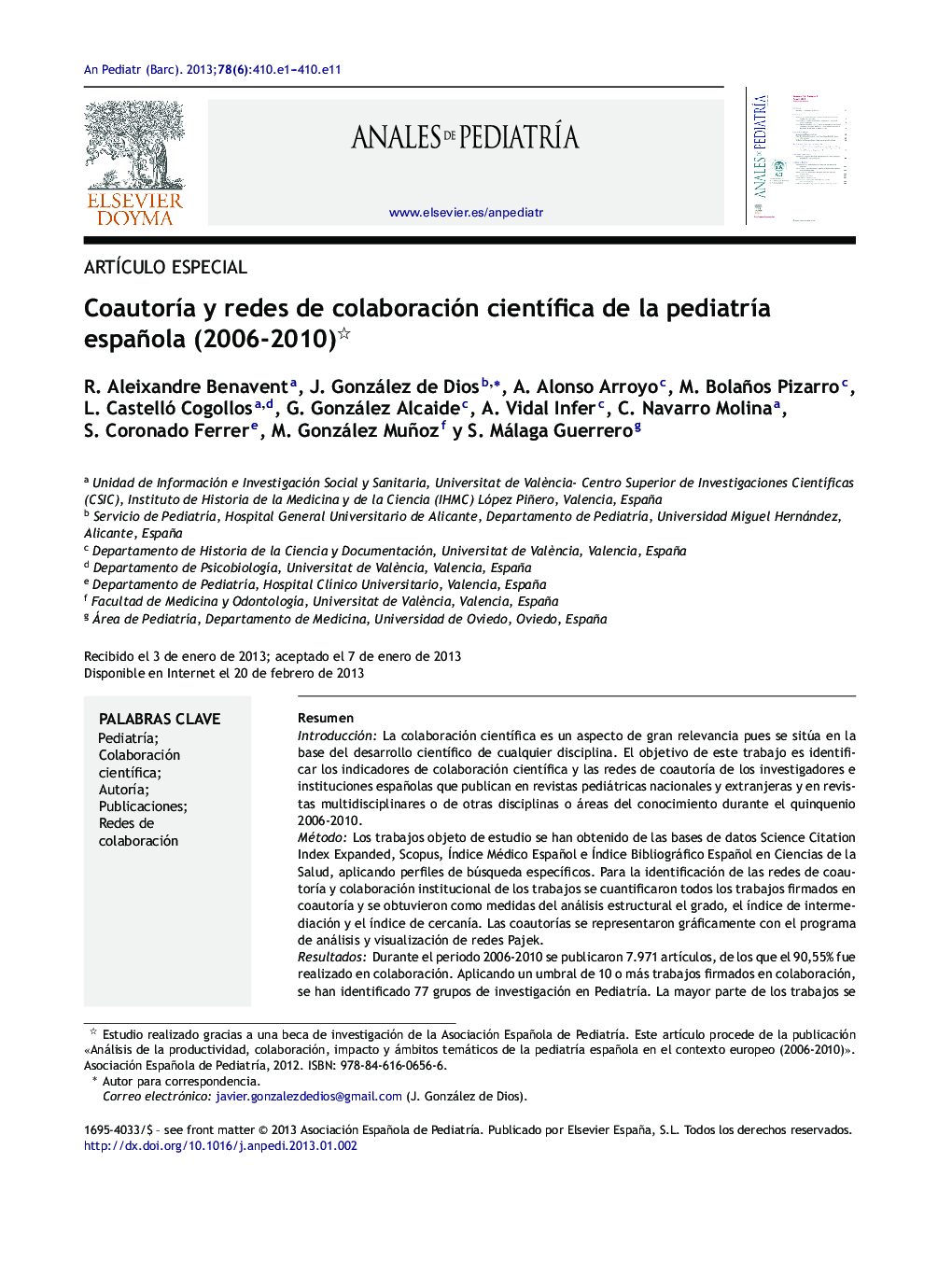 CoautorÃ­a y redes de colaboración cientÃ­fica de la pediatrÃ­a española (2006-2010)