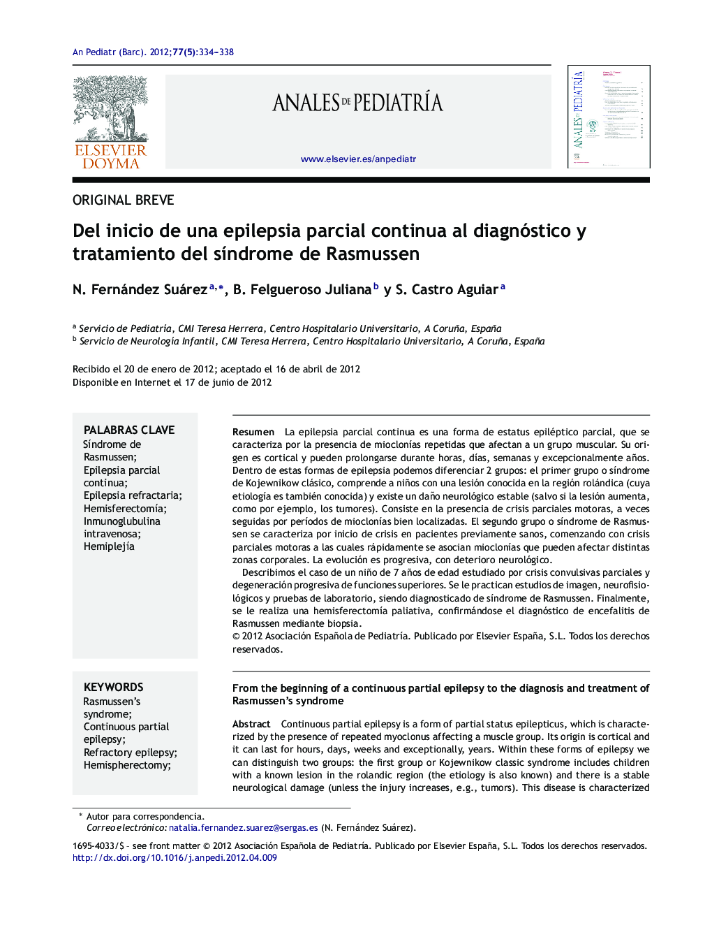 Del inicio de una epilepsia parcial continua al diagnóstico y tratamiento del sÃ­ndrome de Rasmussen