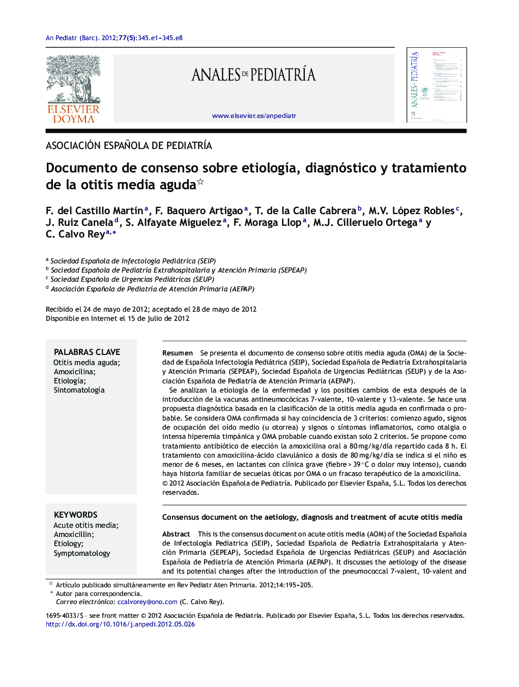 Documento de consenso sobre etiologÃ­a, diagnóstico y tratamiento de la otitis media aguda