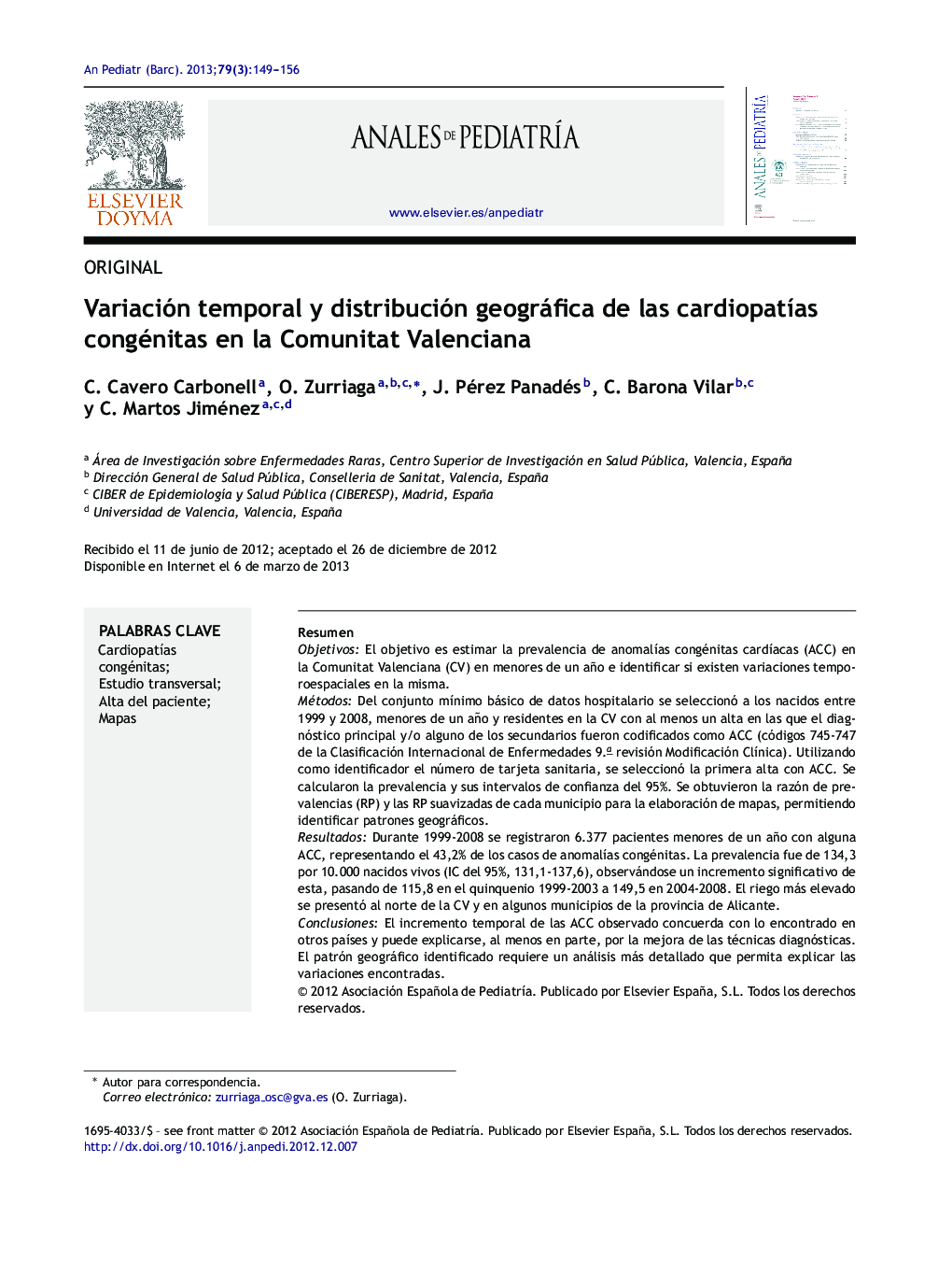 Variación temporal y distribución geográfica de las cardiopatías congénitas en la Comunitat Valenciana