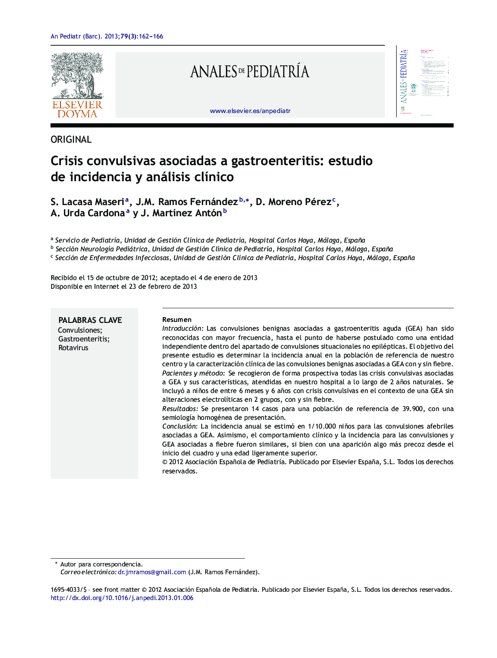 Crisis convulsivas asociadas a gastroenteritis: estudio de incidencia y análisis clínico