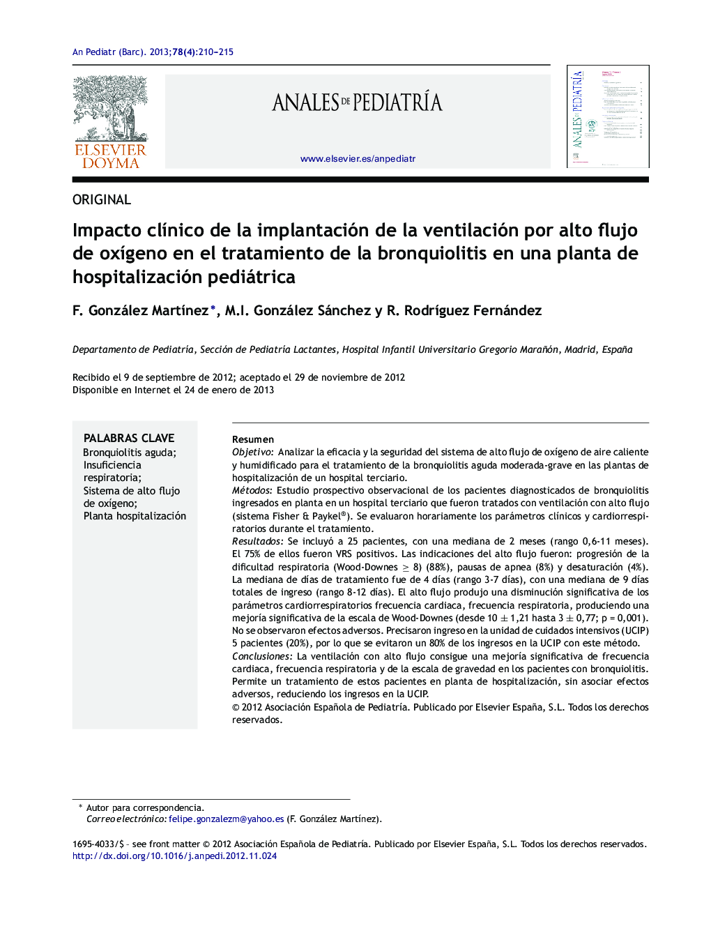 Impacto clínico de la implantación de la ventilación por alto flujo de oxígeno en el tratamiento de la bronquiolitis en una planta de hospitalización pediátrica