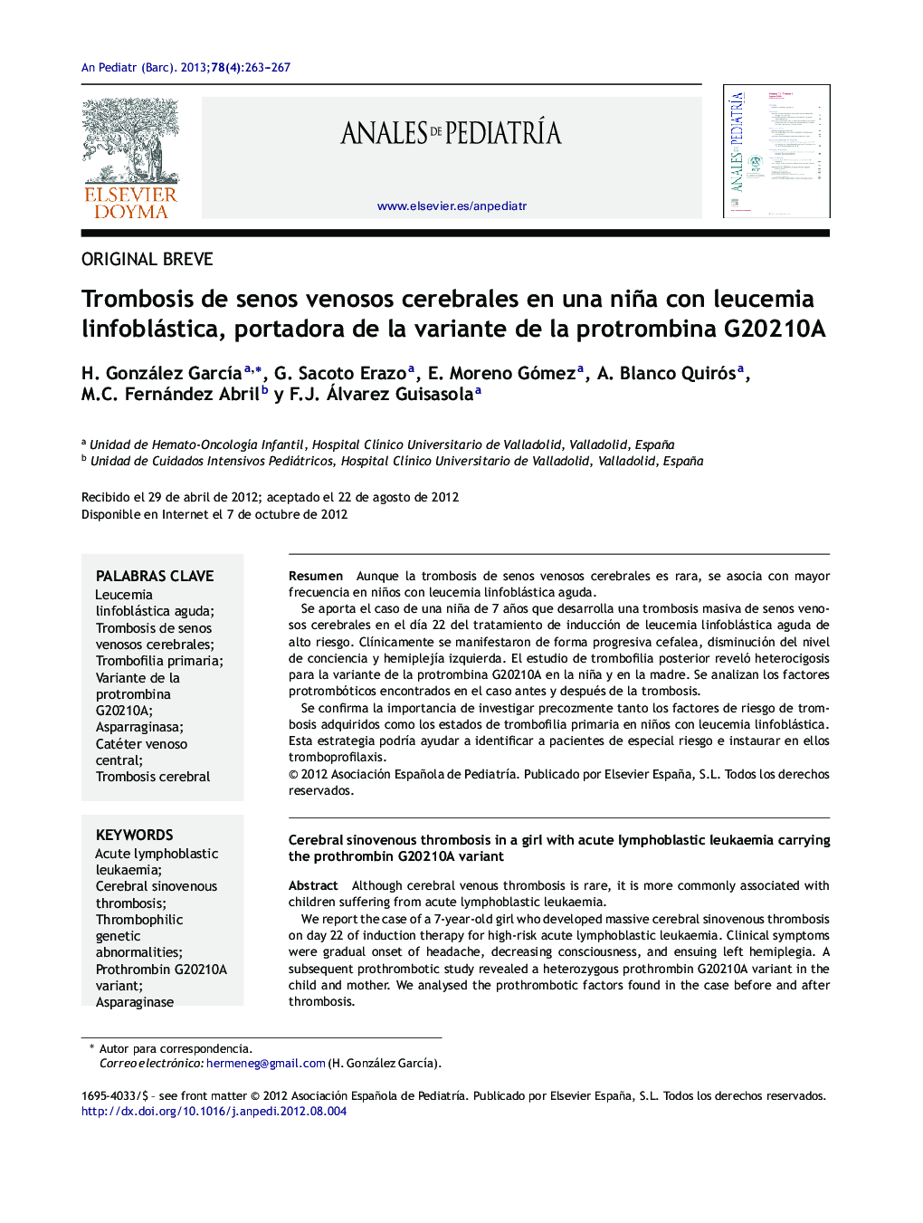 Trombosis de senos venosos cerebrales en una niña con leucemia linfoblástica, portadora de la variante de la protrombina G20210A