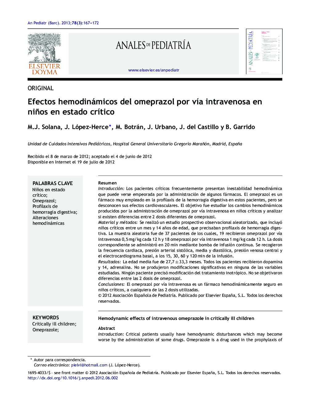 Efectos hemodinámicos del omeprazol por vía intravenosa en niños en estado crítico