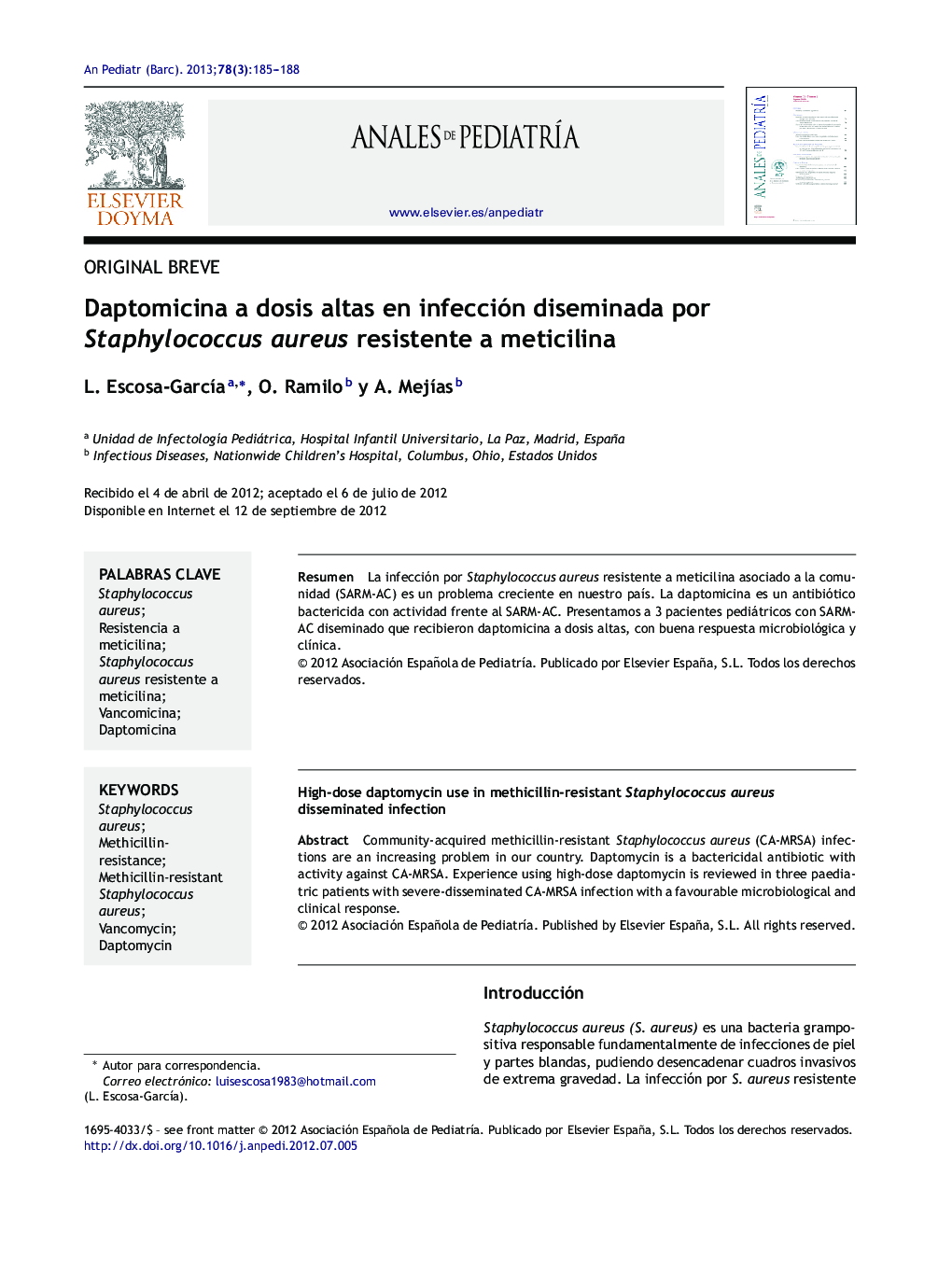 Daptomicina a dosis altas en infección diseminada por Staphylococcus aureus resistente a meticilina