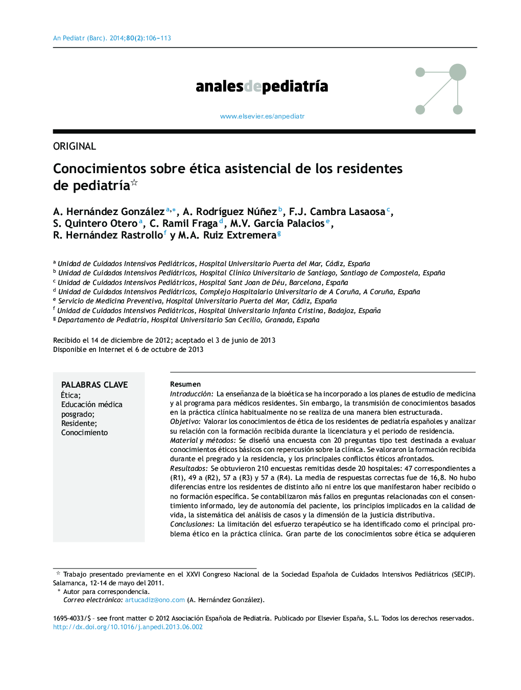 Conocimientos sobre ética asistencial de los residentes de pediatrÃ­a