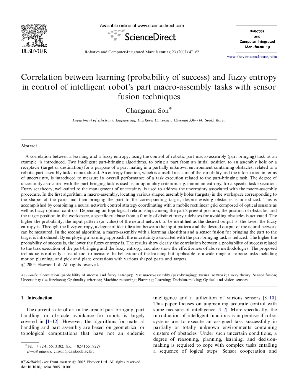 Correlation between learning (probability of success) and fuzzy entropy in control of intelligent robot's part macro-assembly tasks with sensor fusion techniques