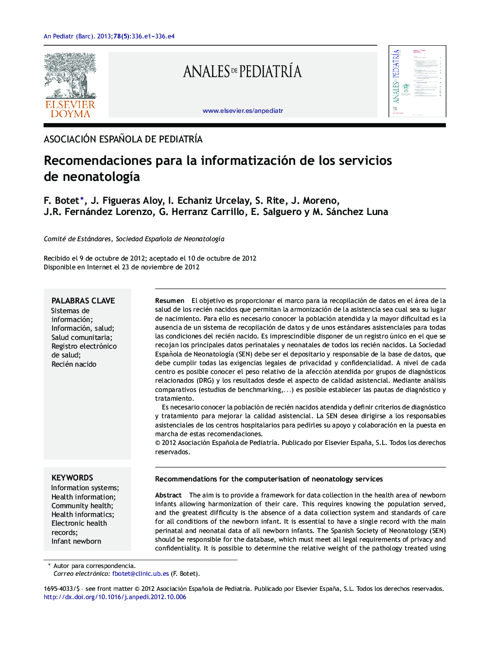 Recomendaciones para la informatización de los servicios de neonatologÃ­a
