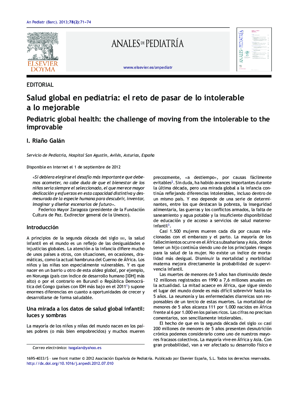 Salud global en pediatrÃ­a: el reto de pasar de lo intolerable a lo mejorable