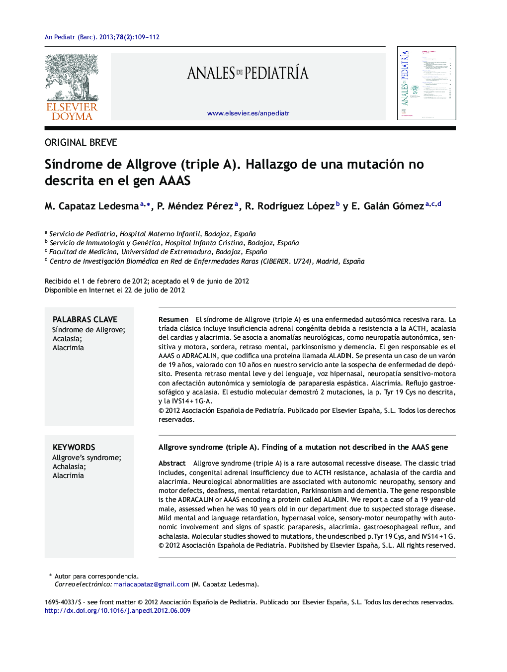 Síndrome de Allgrove (triple A). Hallazgo de una mutación no descrita en el gen AAAS