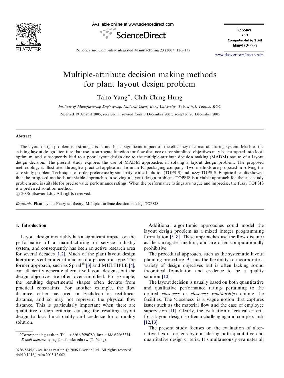 Multiple-attribute decision making methods for plant layout design problem