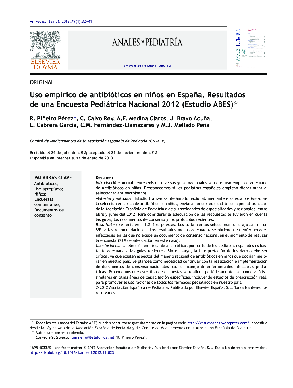 Uso empÃ­rico de antibióticos en niños en España. Resultados de una Encuesta Pediátrica Nacional 2012 (Estudio ABES)