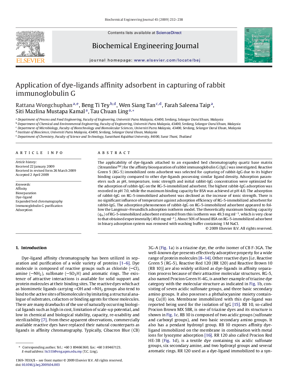 Application of dye-ligands affinity adsorbent in capturing of rabbit immunoglobulin G