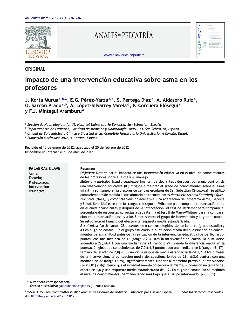 Impacto de una intervención educativa sobre asma en los profesores