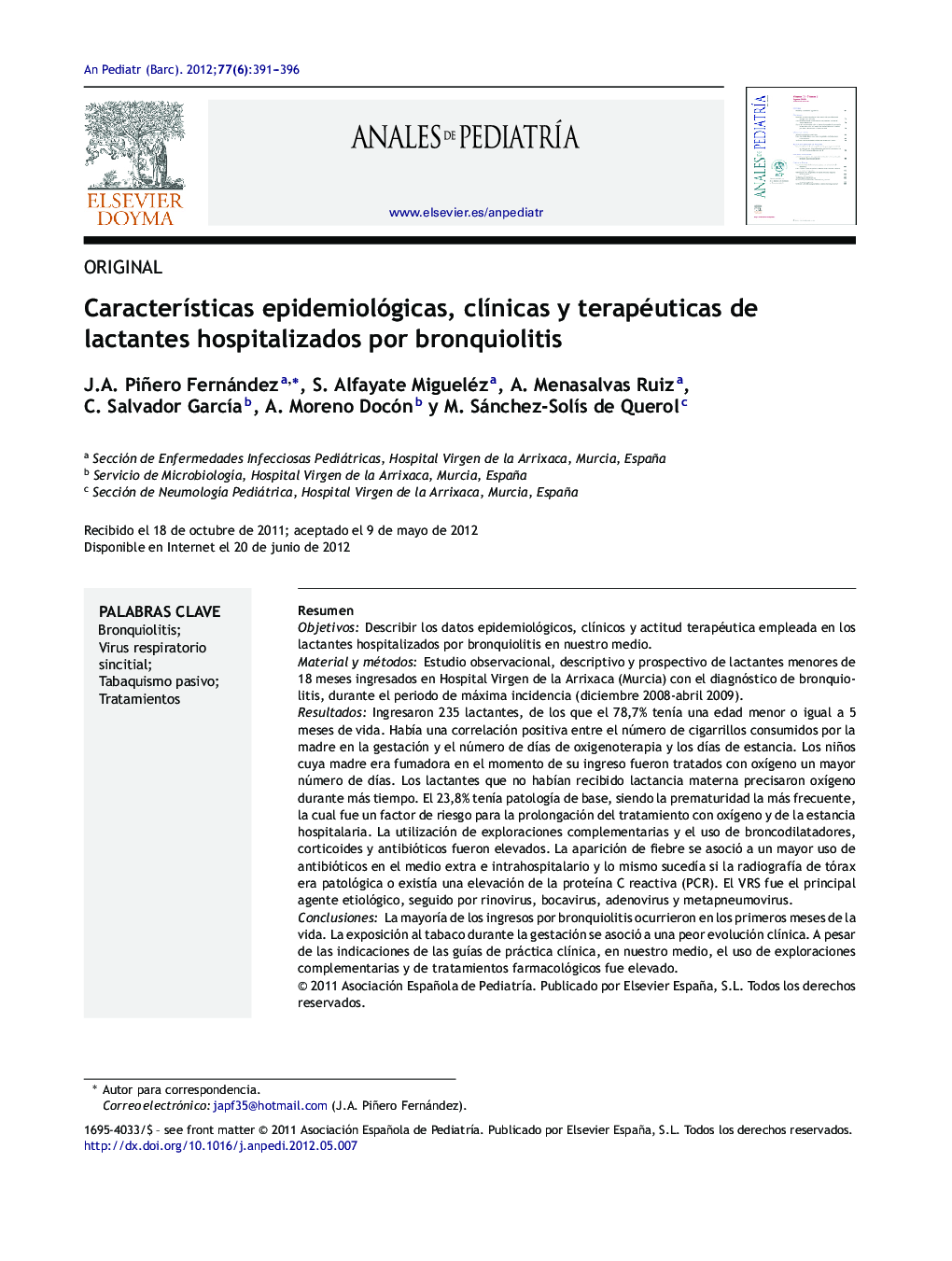 Características epidemiológicas, clínicas y terapéuticas de lactantes hospitalizados por bronquiolitis