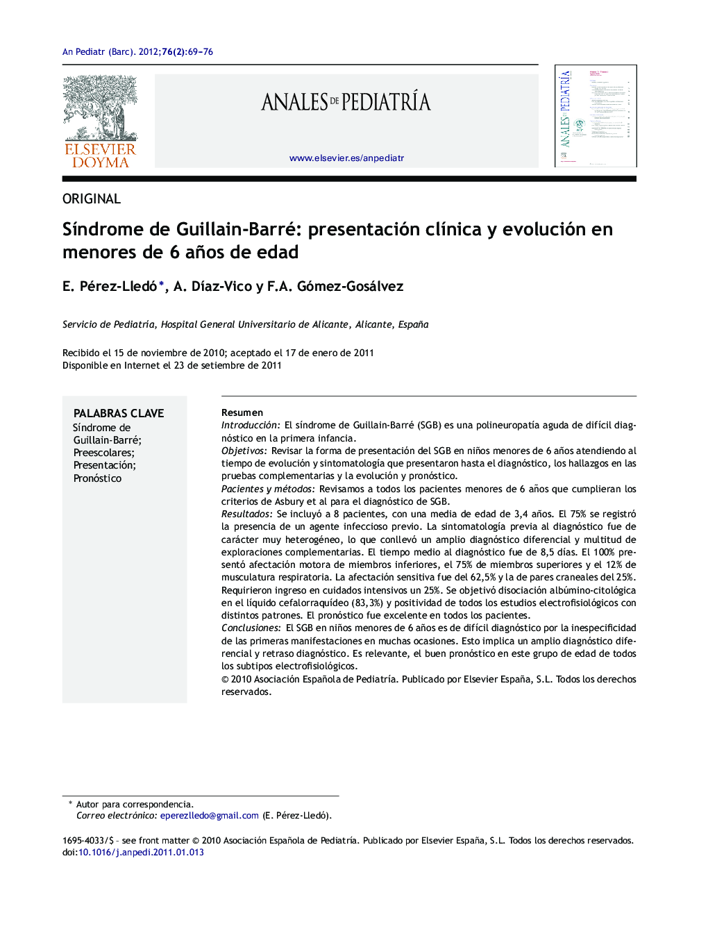 Síndrome de Guillain-Barré: presentación clínica y evolución en menores de 6 años de edad