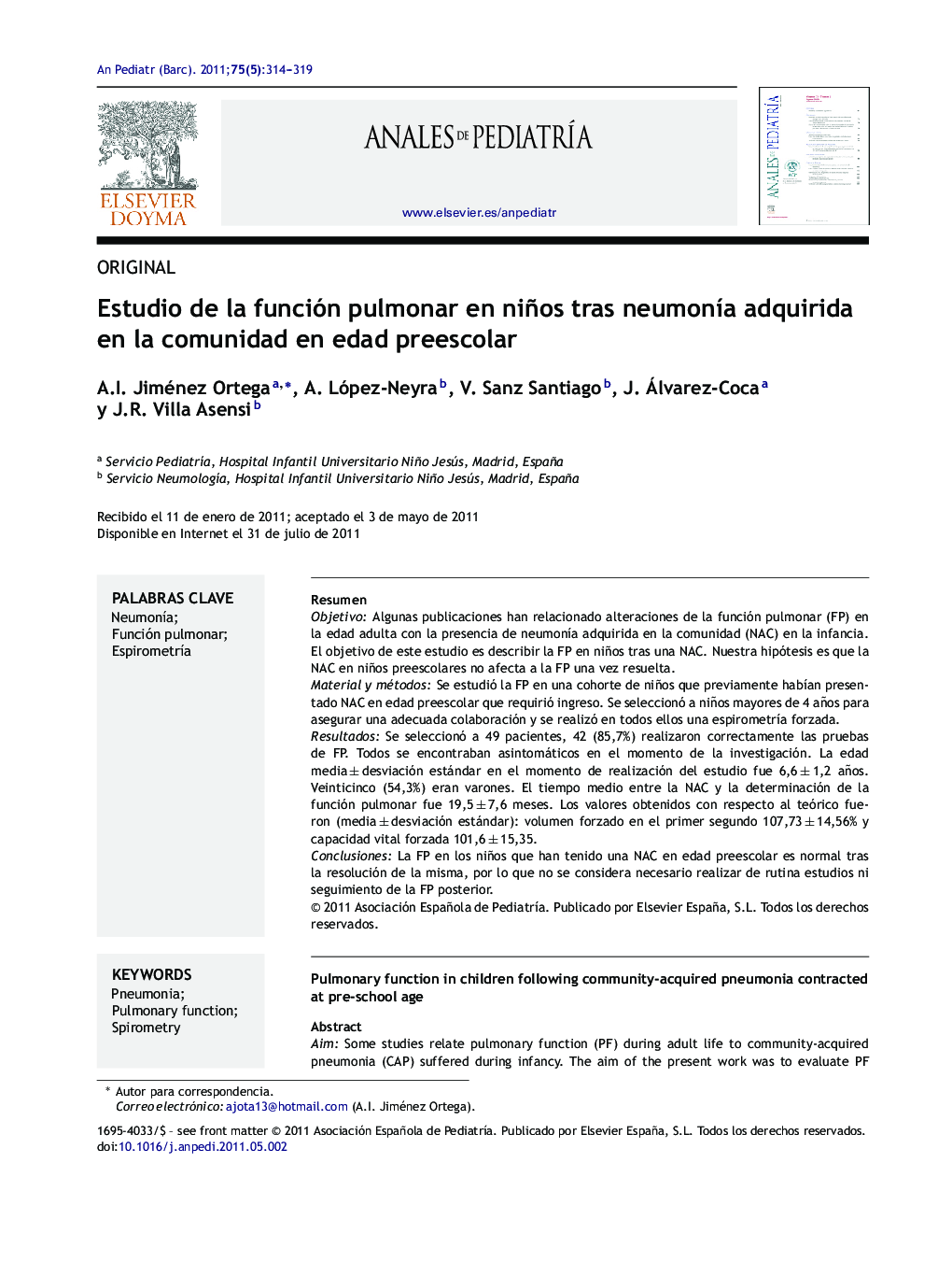 Estudio de la función pulmonar en niños tras neumonÃ­a adquirida en la comunidad en edad preescolar