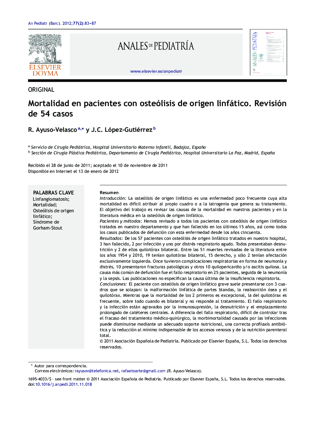 Mortalidad en pacientes con osteólisis de origen linfático. Revisión de 54 casos