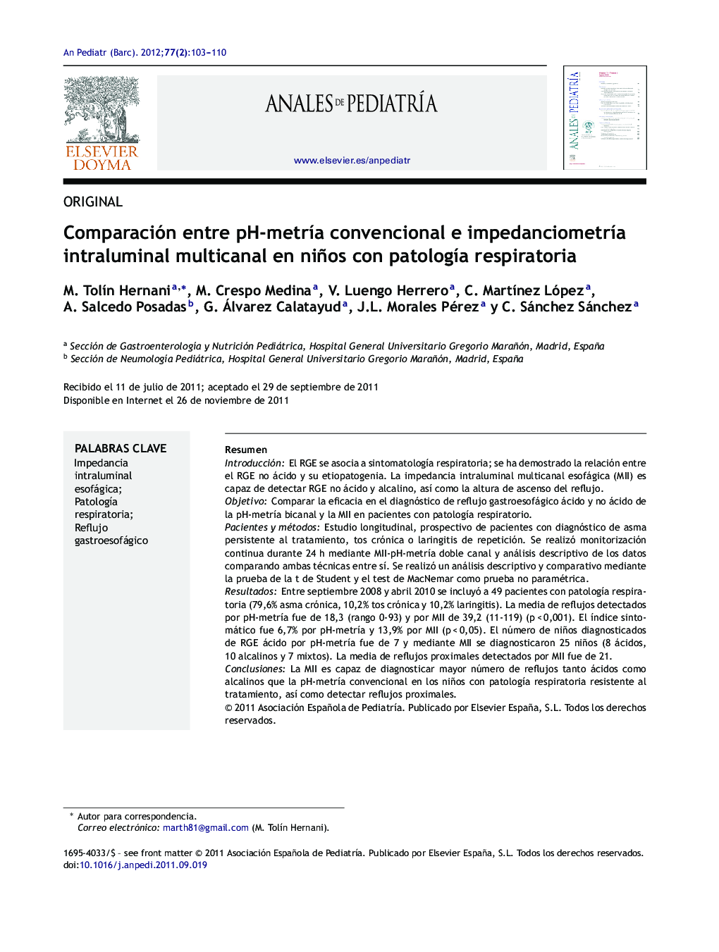 Comparación entre pH-metría convencional e impedanciometría intraluminal multicanal en niños con patología respiratoria