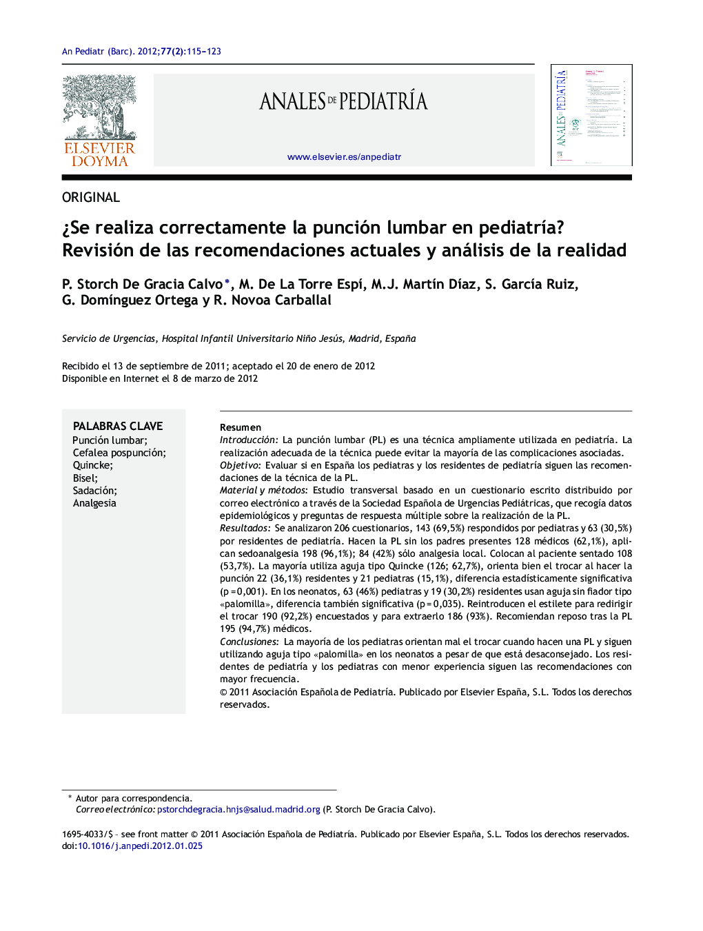 ¿Se realiza correctamente la punción lumbar en pediatría? Revisión de las recomendaciones actuales y análisis de la realidad