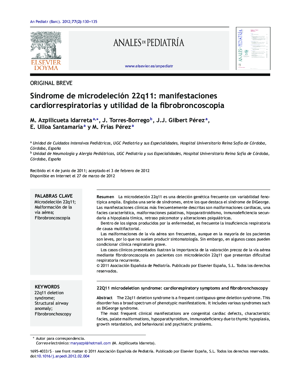 SÃ­ndrome de microdeleción 22q11: manifestaciones cardiorrespiratorias y utilidad de la fibrobroncoscopia