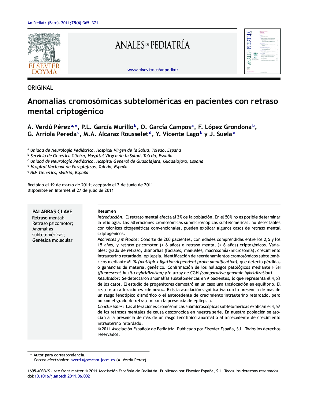 AnomalÃ­as cromosómicas subteloméricas en pacientes con retraso mental criptogénico