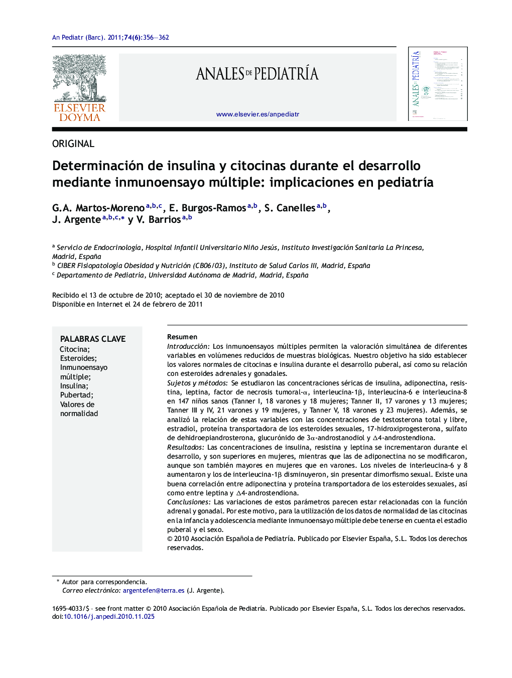 Determinación de insulina y citocinas durante el desarrollo mediante inmunoensayo múltiple: implicaciones en pediatrÃ­a