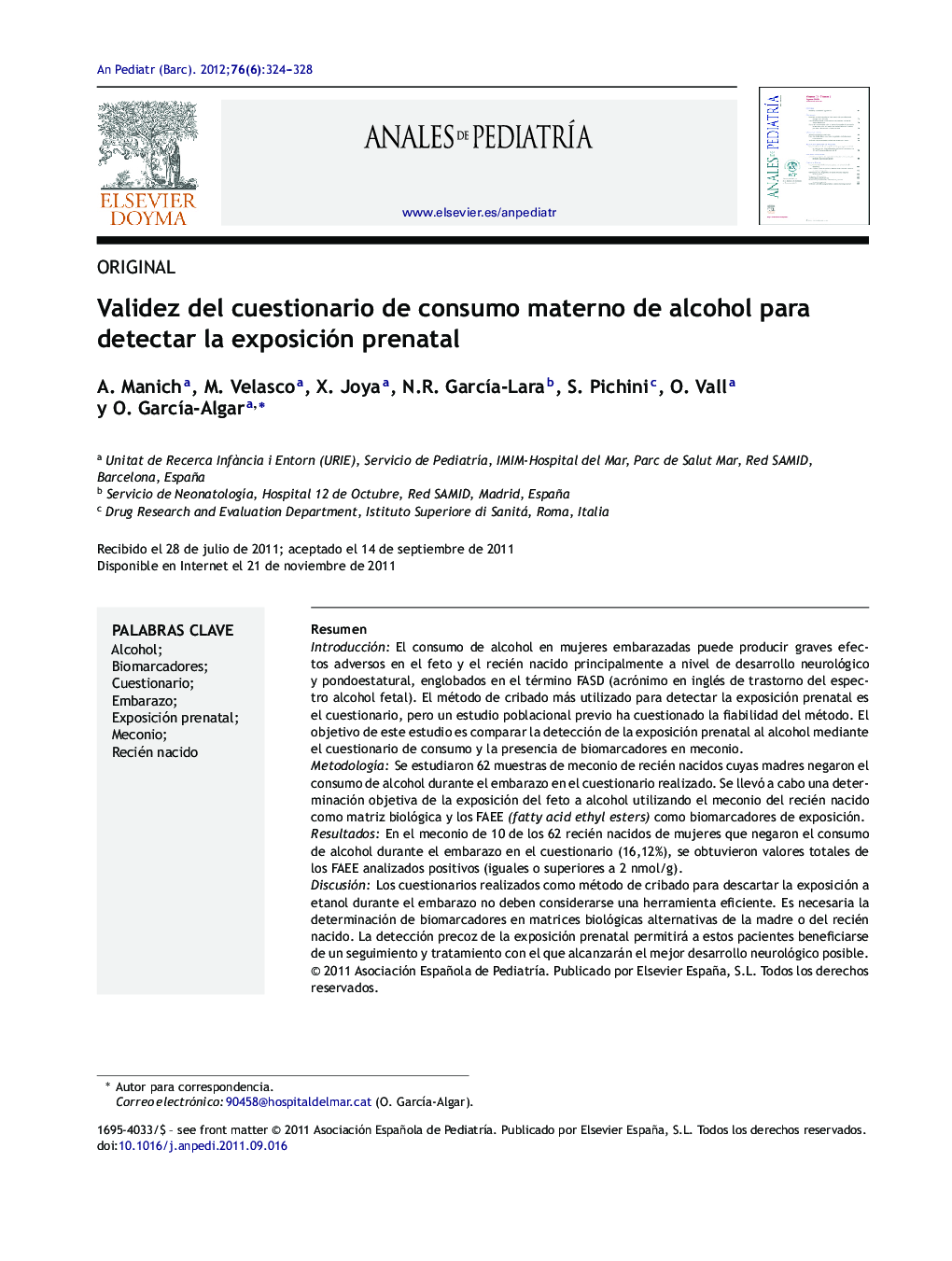 Validez del cuestionario de consumo materno de alcohol para detectar la exposición prenatal