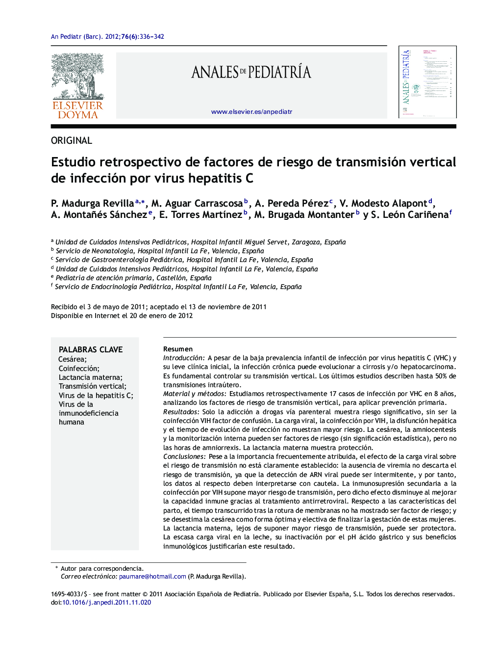 Estudio retrospectivo de factores de riesgo de transmisión vertical de infección por virus hepatitis C