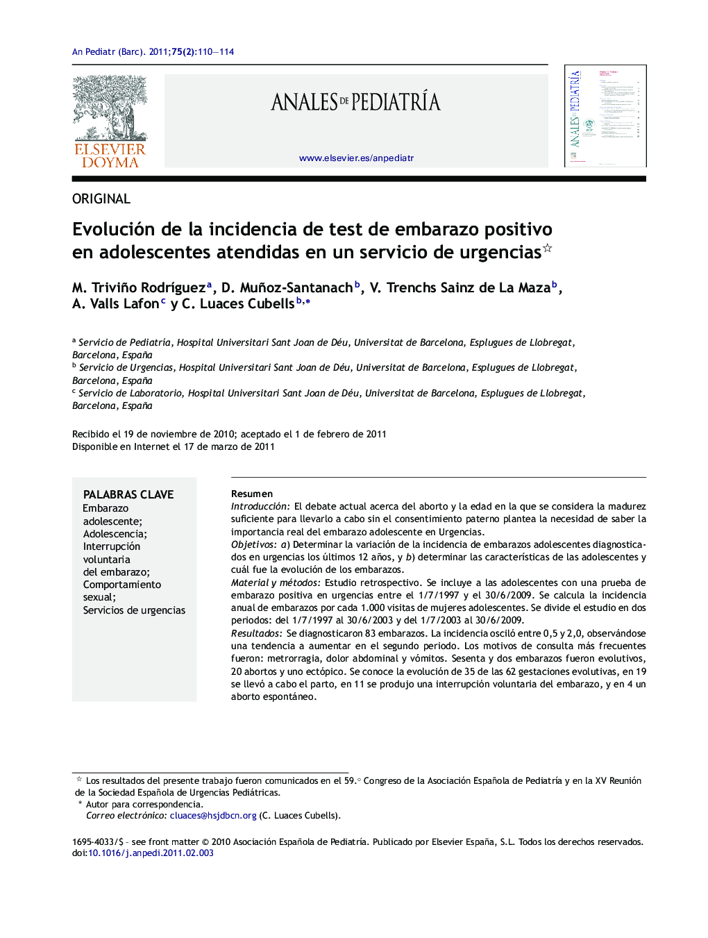 Evolución de la incidencia de test de embarazo positivo en adolescentes atendidas en un servicio de urgencias