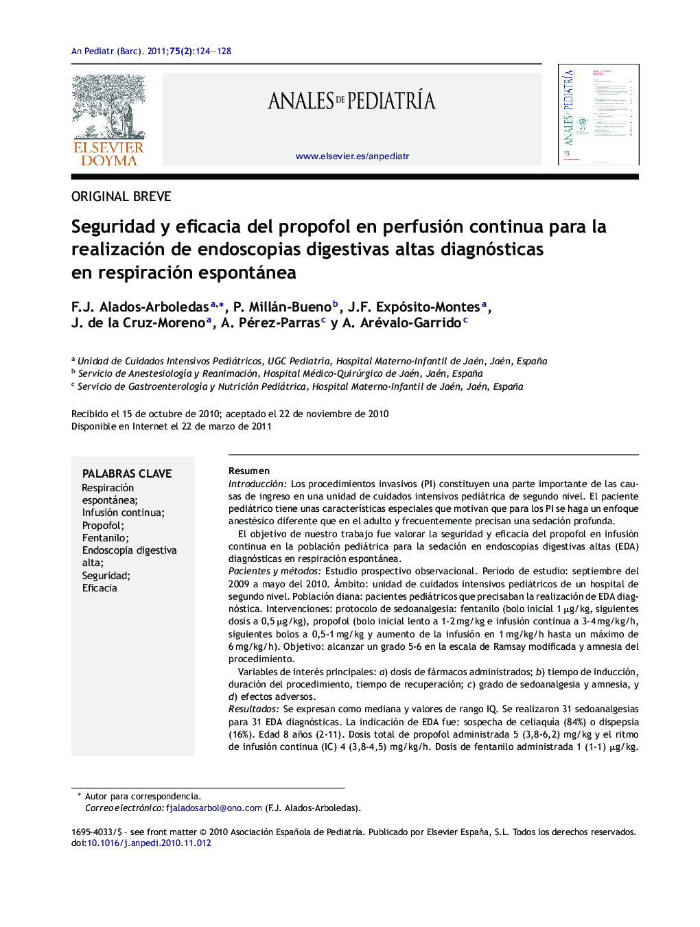 Seguridad y eficacia del propofol en perfusión continua para la realización de endoscopias digestivas altas diagnósticas en respiración espontánea