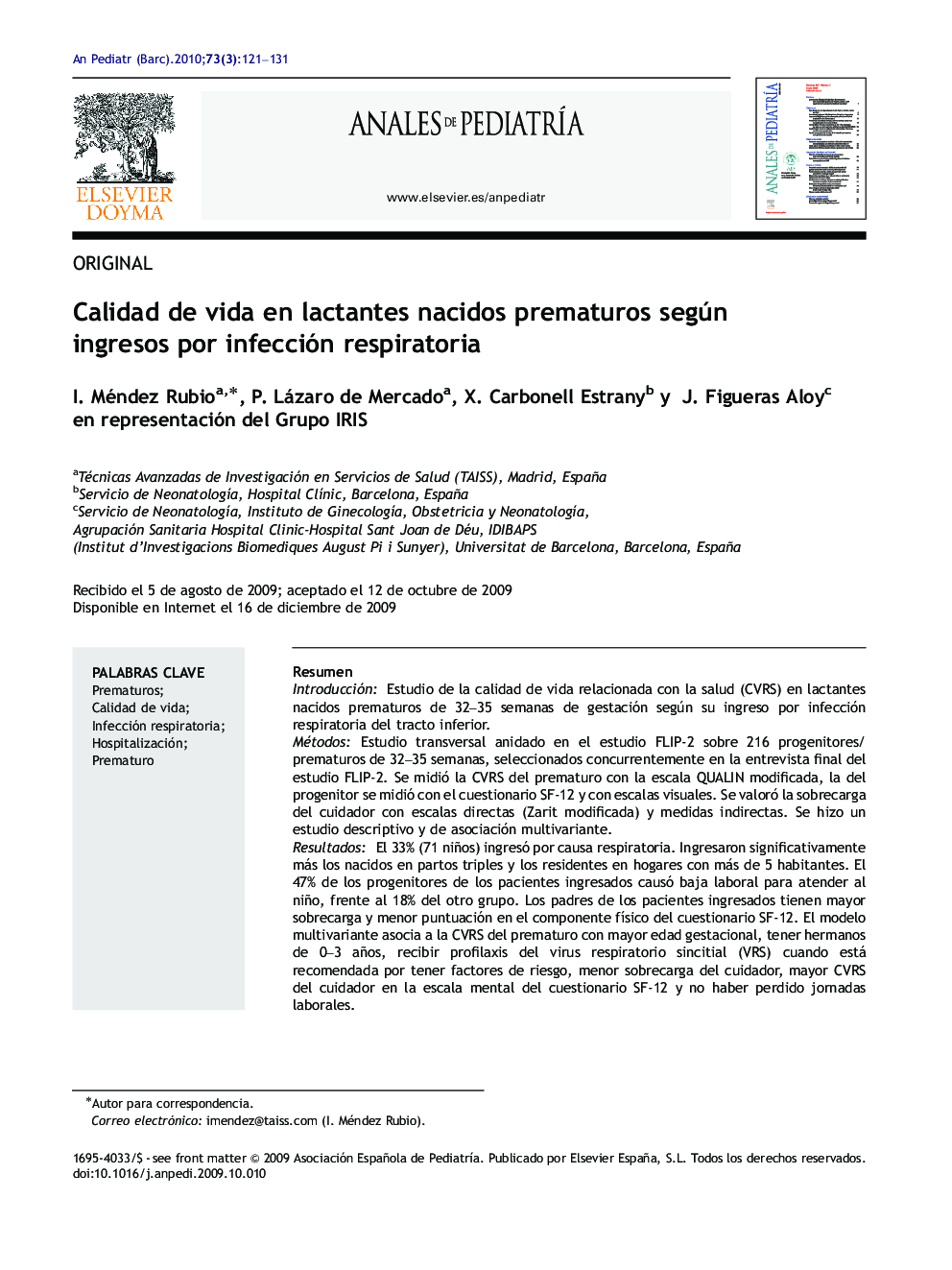 Calidad de vida en lactantes nacidos prematuros según ingresos por infección respiratoria