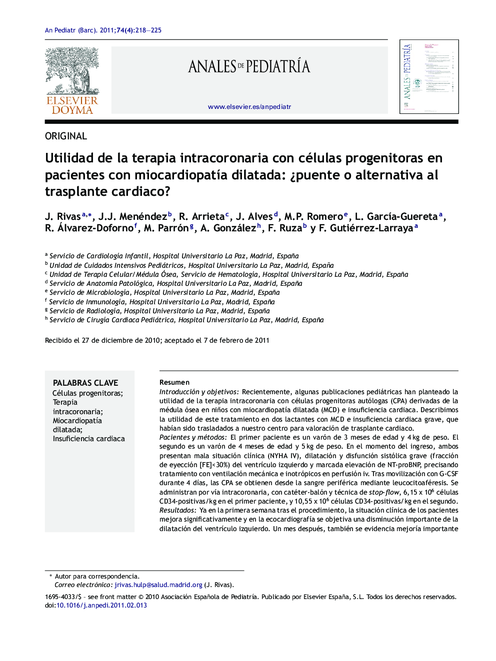 Utilidad de la terapia intracoronaria con células progenitoras en pacientes con miocardiopatía dilatada: ¿puente o alternativa al trasplante cardiaco?