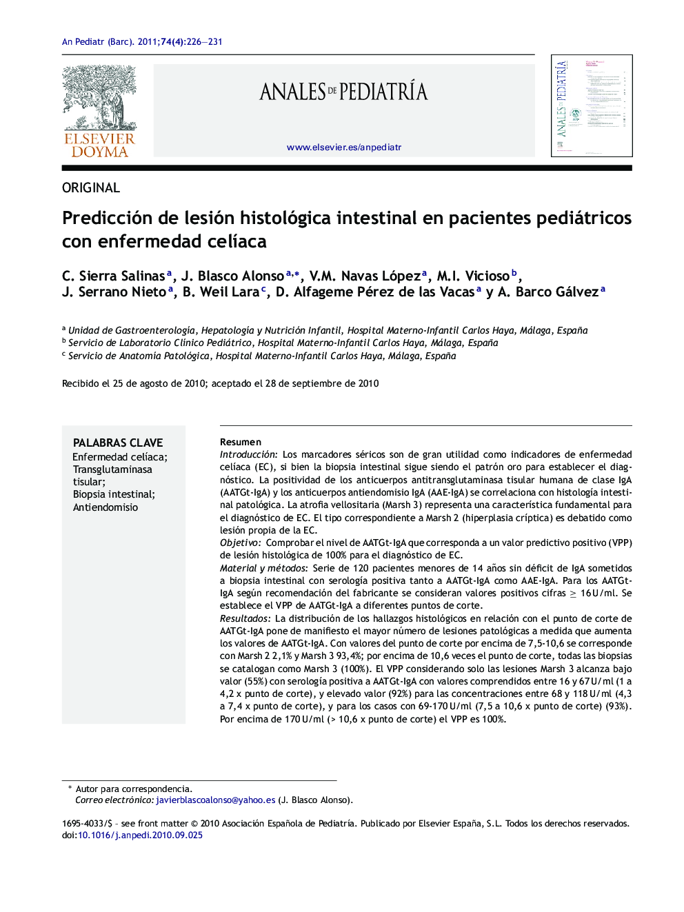 Predicción de lesión histológica intestinal en pacientes pediátricos con enfermedad celÃ­aca