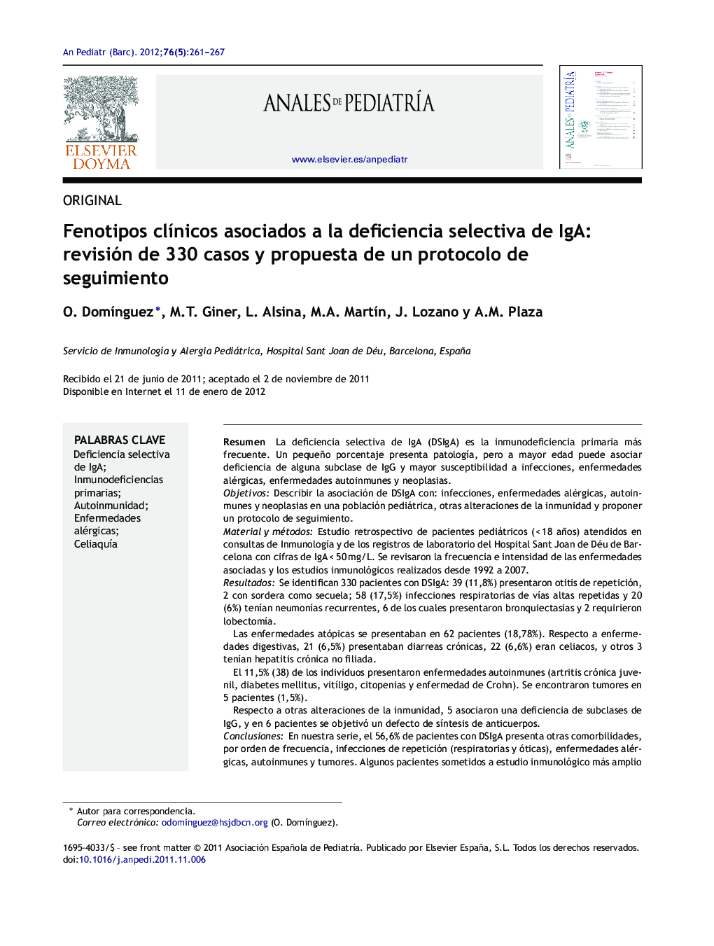 Fenotipos clínicos asociados a la deficiencia selectiva de IgA: revisión de 330 casos y propuesta de un protocolo de seguimiento