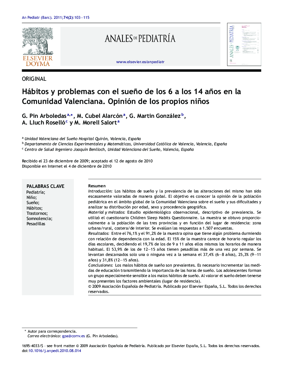 Hábitos y problemas con el sueño de los 6 a los 14 años en la Comunidad Valenciana. Opinión de los propios niños